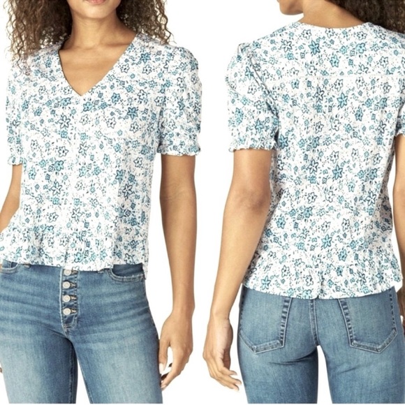 Lucky Brand Ruffle Hem Blouse Puff Sleeve V-neck Floral Teal Blue Green Size S - Picture 12 of 12